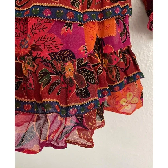 Farm Rio Tropical Tapestry Long-Sleeve Tiered Mini Dress Boho Small - Picture 12 of 13